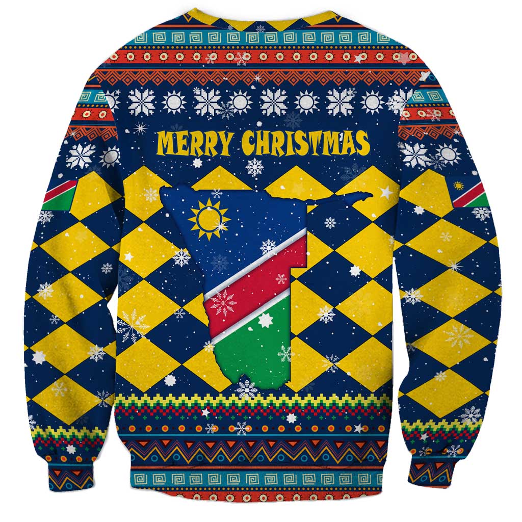 Namibia Christmas Sweatshirt with Blue-Yellow Diamond Pattern, Coat of Arms, and Flag Map Motif - Wonder Print Shop