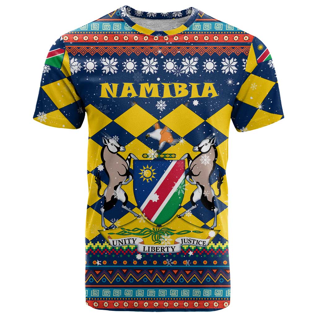 Namibia Christmas T Shirt with Blue-Yellow Diamond Pattern, Coat of Arms, and Flag Map Motif - Wonder Print Shop