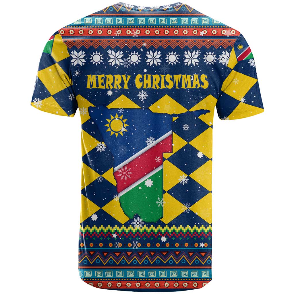 Namibia Christmas T Shirt with Blue-Yellow Diamond Pattern, Coat of Arms, and Flag Map Motif - Wonder Print Shop