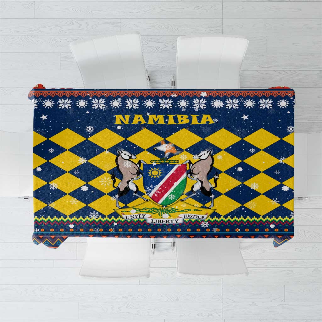 Namibia Christmas Tablecloth with Blue-Yellow Diamond Pattern, Coat of Arms, and Flag Map Motif - Wonder Print Shop