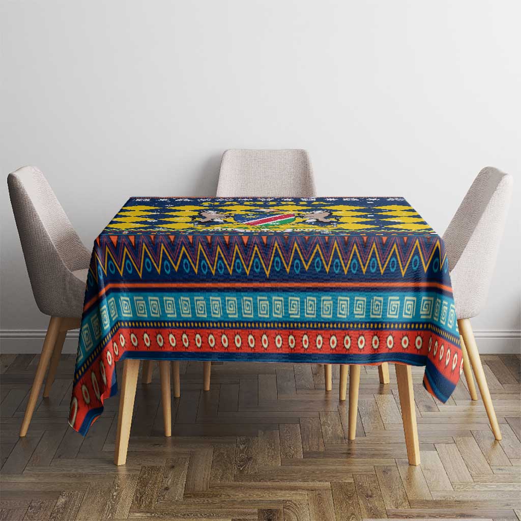 Namibia Christmas Tablecloth with Blue-Yellow Diamond Pattern, Coat of Arms, and Flag Map Motif - Wonder Print Shop