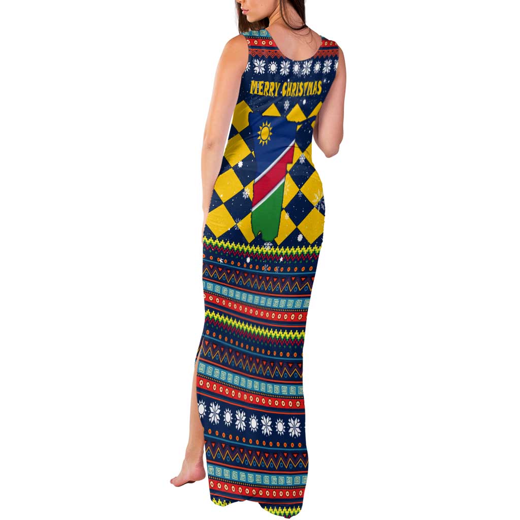 Namibia Christmas Tank Maxi Dress with Blue-Yellow Diamond Pattern, Coat of Arms, and Flag Map Motif - Wonder Print Shop