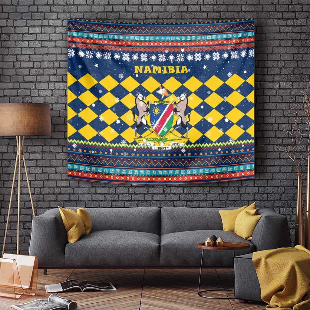 Namibia Christmas Tapestry with Blue-Yellow Diamond Pattern, Coat of Arms, and Flag Map Motif - Wonder Print Shop