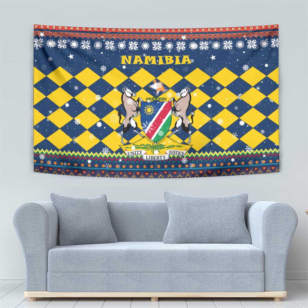 Namibia Christmas Tapestry with Blue-Yellow Diamond Pattern, Coat of Arms, and Flag Map Motif - Wonder Print Shop