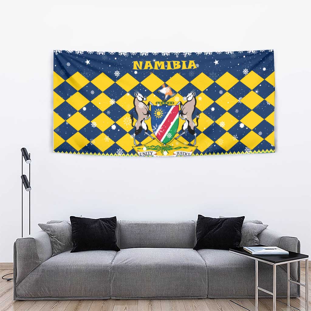 Namibia Christmas Tapestry with Blue-Yellow Diamond Pattern, Coat of Arms, and Flag Map Motif - Wonder Print Shop