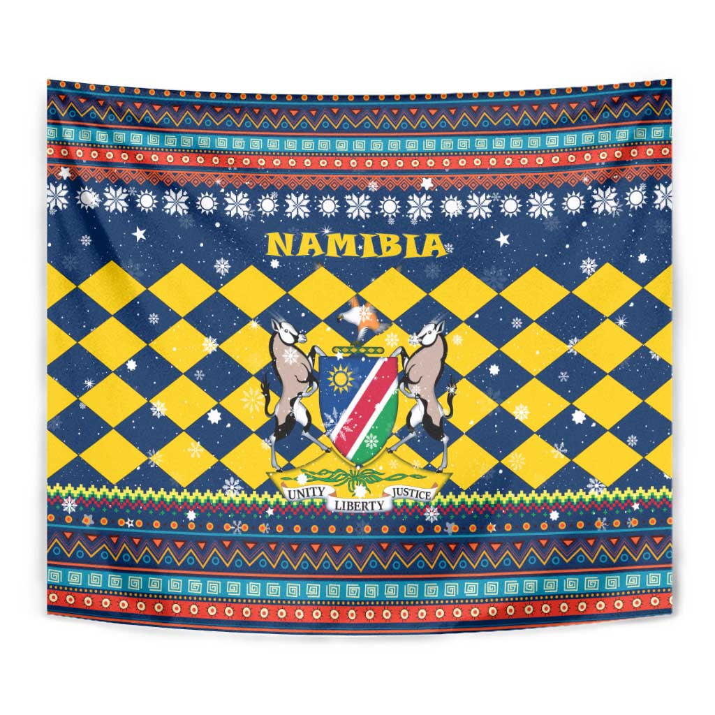 Namibia Christmas Tapestry with Blue-Yellow Diamond Pattern, Coat of Arms, and Flag Map Motif - Wonder Print Shop