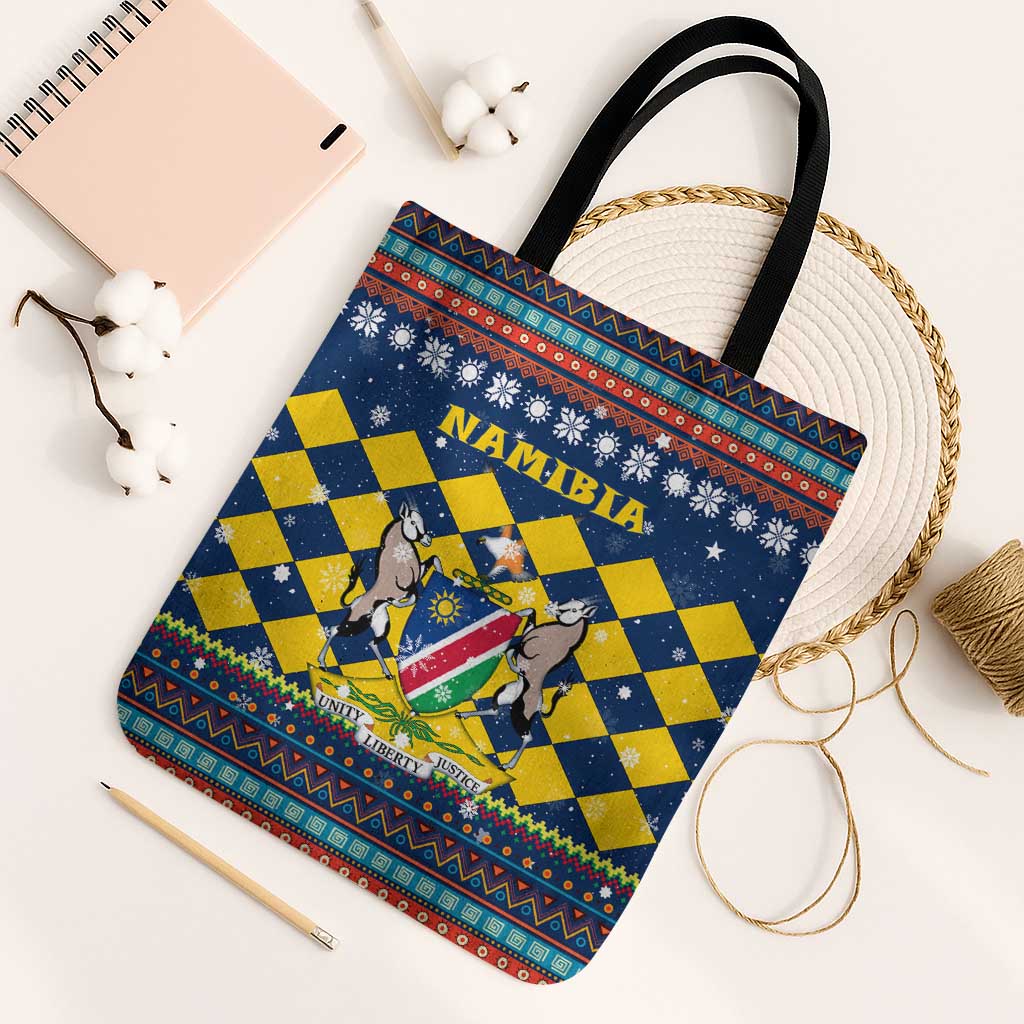 Namibia Christmas Tote Bag with Blue-Yellow Diamond Pattern, Coat of Arms, and Flag Map Motif - Wonder Print Shop