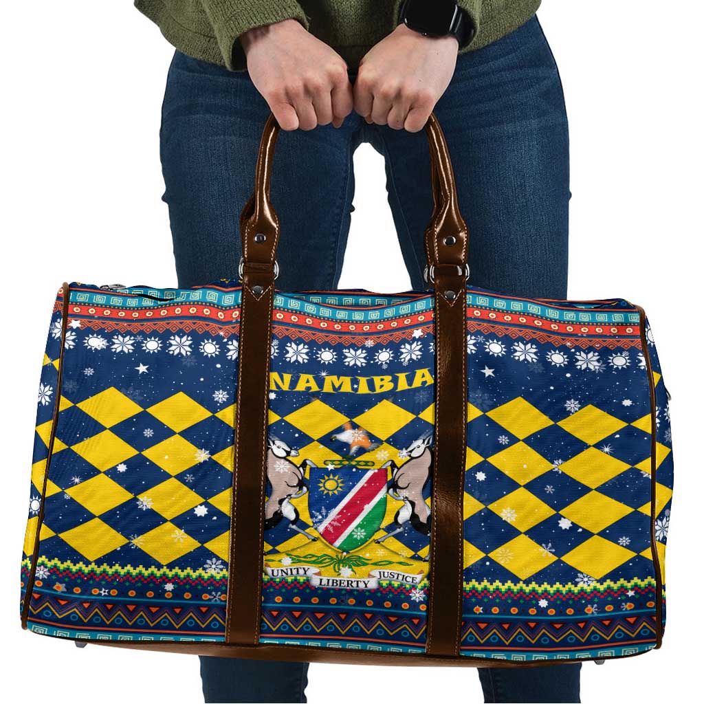 Namibia Christmas Travel Bag with Blue-Yellow Diamond Pattern, Coat of Arms, and Flag Map Motif - Wonder Print Shop