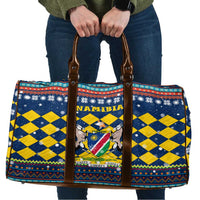 Namibia Christmas Travel Bag with Blue-Yellow Diamond Pattern, Coat of Arms, and Flag Map Motif - Wonder Print Shop