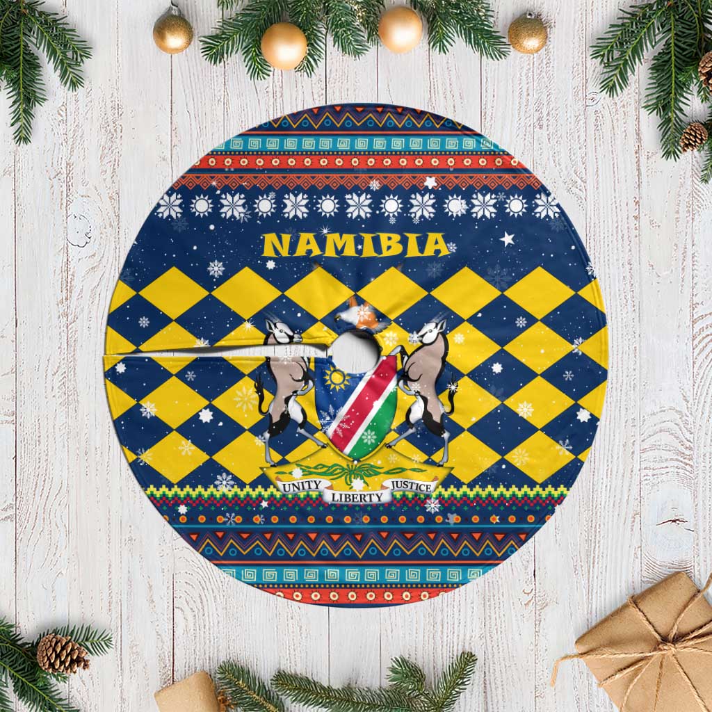 Namibia Christmas Tree Skirt with Blue-Yellow Diamond Pattern, Coat of Arms, and Flag Map Motif - Wonder Print Shop