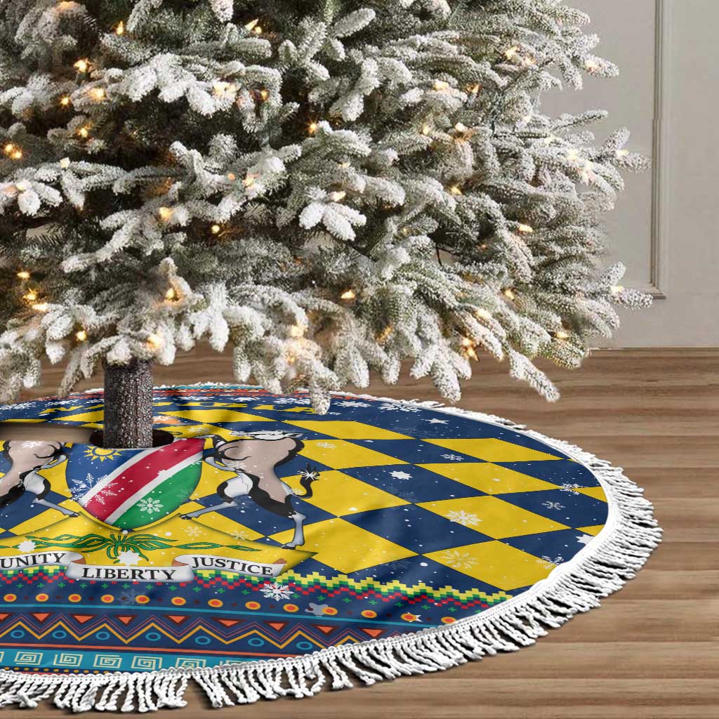 Namibia Christmas Tree Skirt with Blue-Yellow Diamond Pattern, Coat of Arms, and Flag Map Motif - Wonder Print Shop