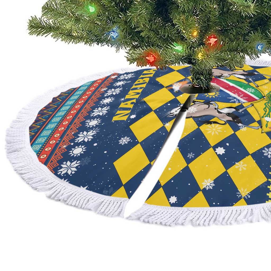 Namibia Christmas Tree Skirt with Blue-Yellow Diamond Pattern, Coat of Arms, and Flag Map Motif - Wonder Print Shop