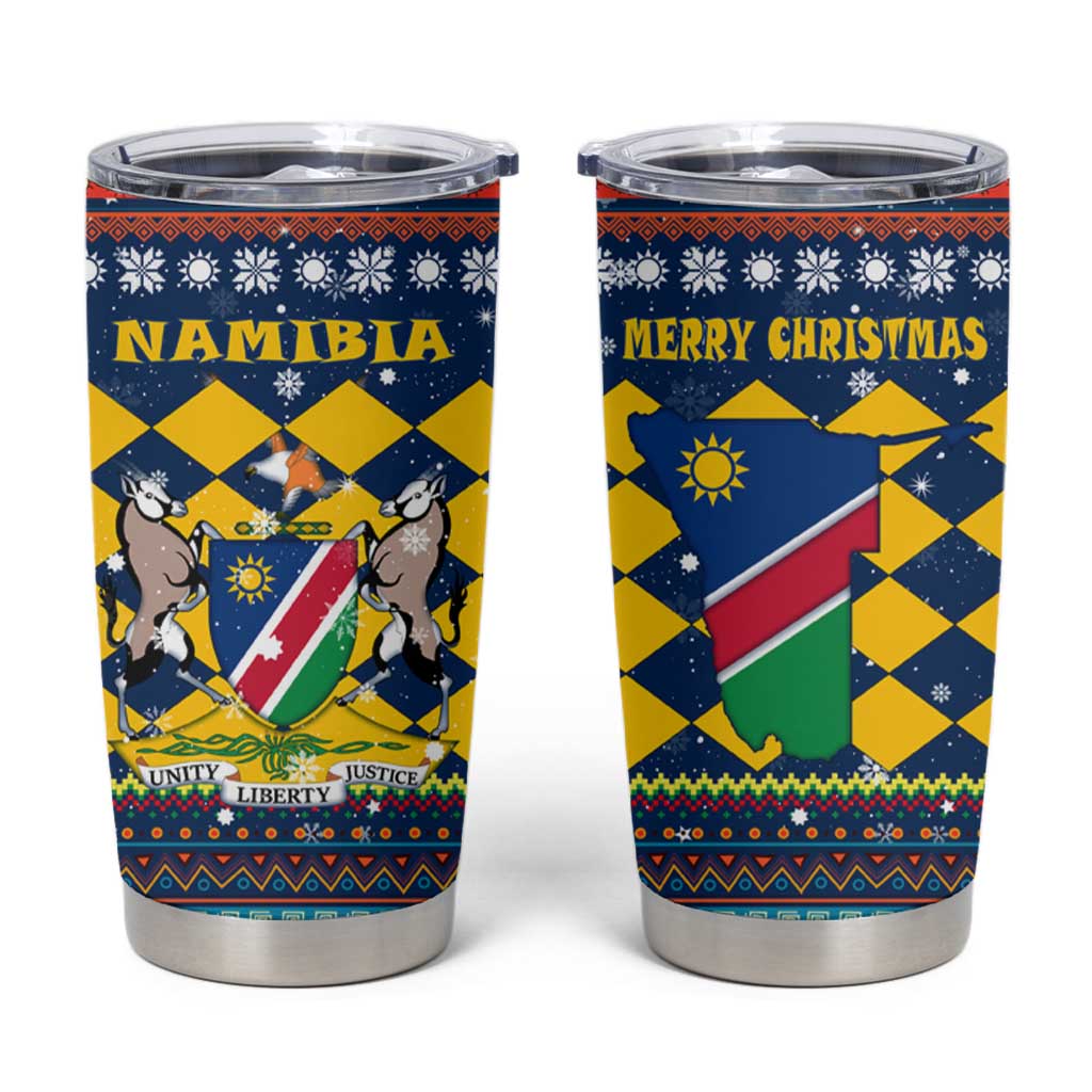 Namibia Christmas Tumbler Cup with Blue-Yellow Diamond Pattern, Coat of Arms, and Flag Map Motif - Wonder Print Shop