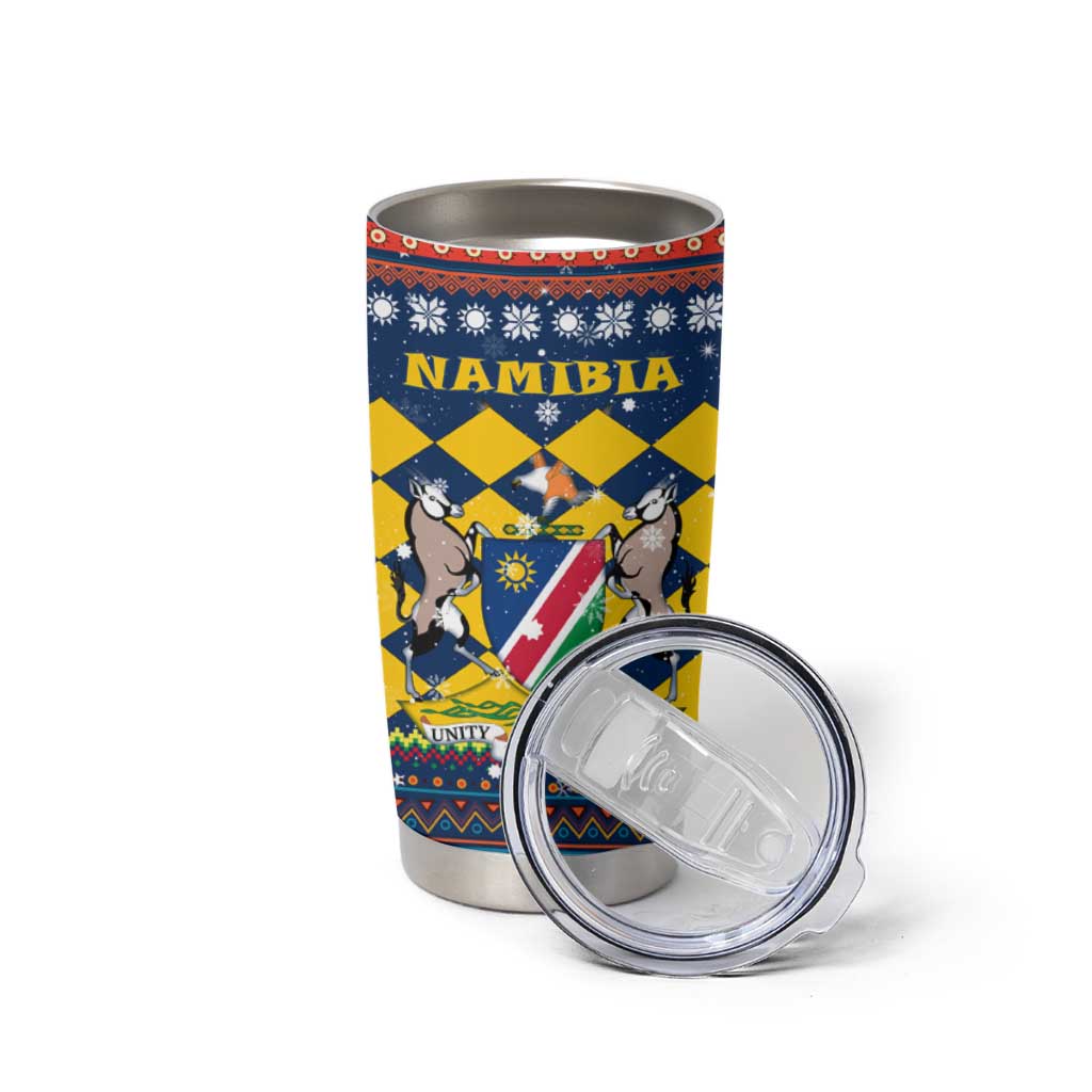 Namibia Christmas Tumbler Cup with Blue-Yellow Diamond Pattern, Coat of Arms, and Flag Map Motif - Wonder Print Shop