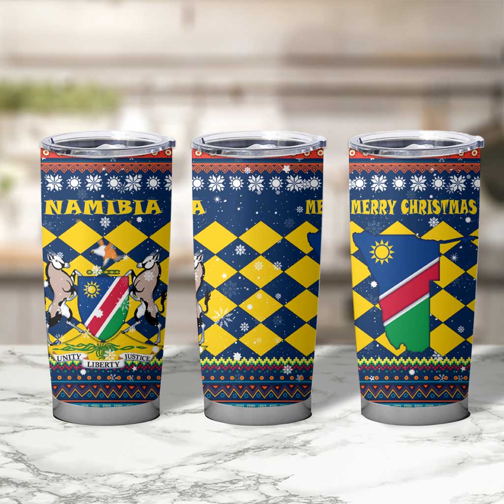Namibia Christmas Tumbler Cup with Blue-Yellow Diamond Pattern, Coat of Arms, and Flag Map Motif - Wonder Print Shop