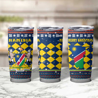 Namibia Christmas Tumbler Cup with Blue-Yellow Diamond Pattern, Coat of Arms, and Flag Map Motif - Wonder Print Shop