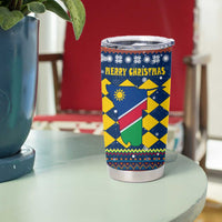 Namibia Christmas Tumbler Cup with Blue-Yellow Diamond Pattern, Coat of Arms, and Flag Map Motif - Wonder Print Shop