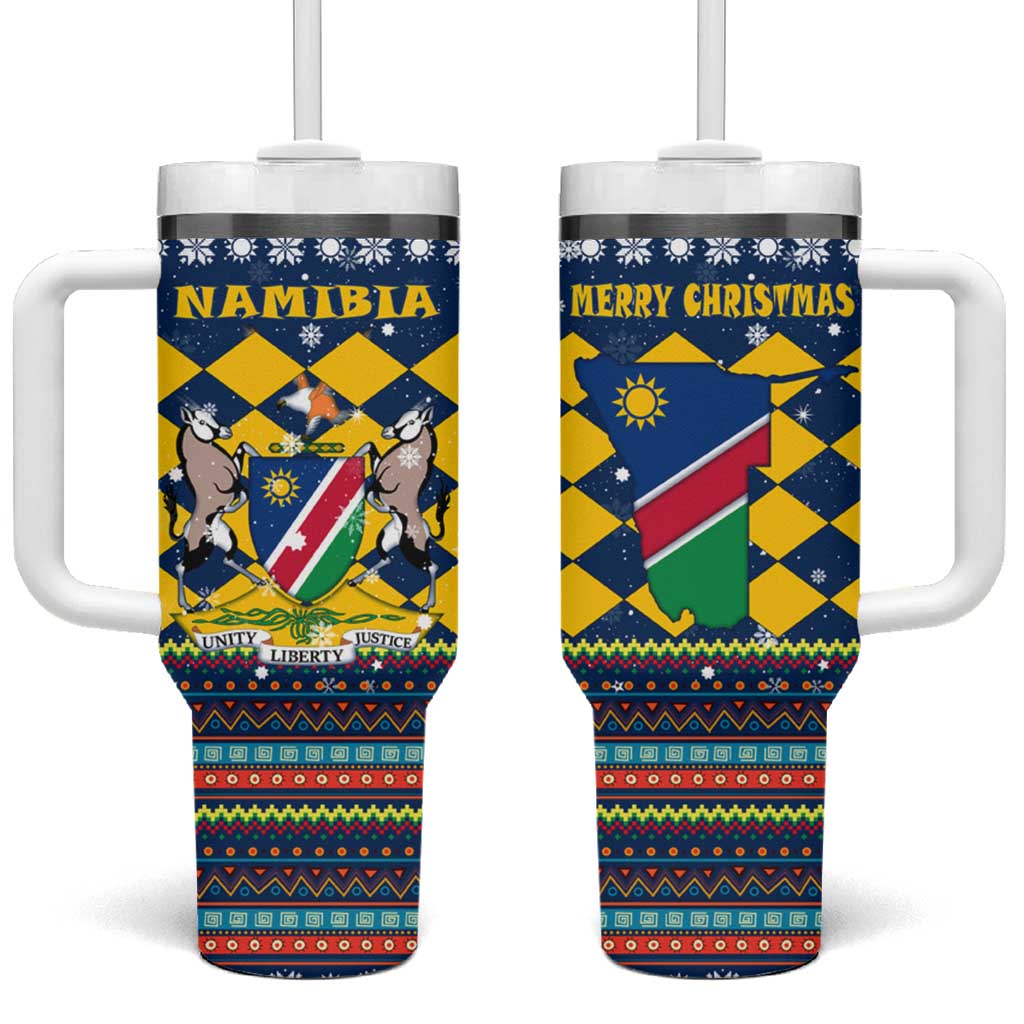 Namibia Christmas Tumbler With Handle with Blue-Yellow Diamond Pattern, Coat of Arms, and Flag Map Motif - Wonder Print Shop