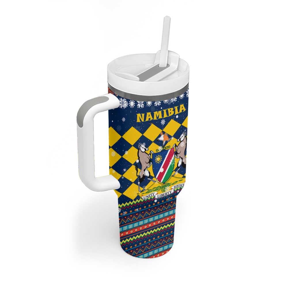 Namibia Christmas Tumbler With Handle with Blue-Yellow Diamond Pattern, Coat of Arms, and Flag Map Motif - Wonder Print Shop