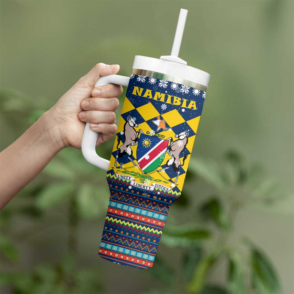 Namibia Christmas Tumbler With Handle with Blue-Yellow Diamond Pattern, Coat of Arms, and Flag Map Motif - Wonder Print Shop