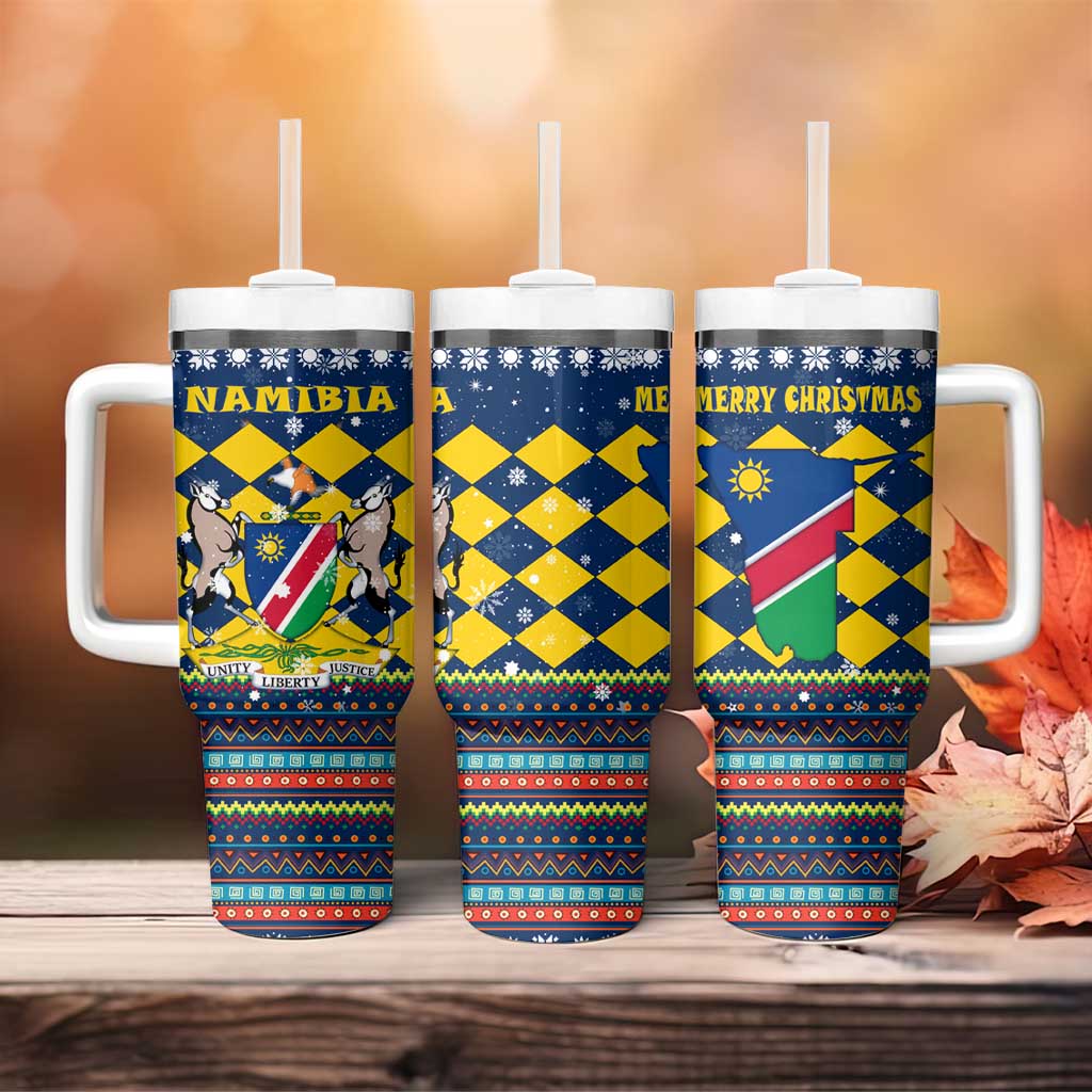 Namibia Christmas Tumbler With Handle with Blue-Yellow Diamond Pattern, Coat of Arms, and Flag Map Motif - Wonder Print Shop