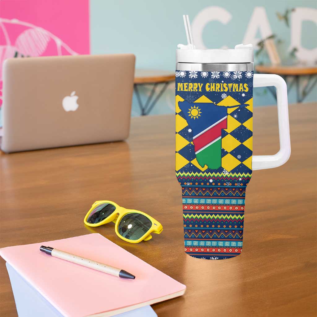 Namibia Christmas Tumbler With Handle with Blue-Yellow Diamond Pattern, Coat of Arms, and Flag Map Motif - Wonder Print Shop