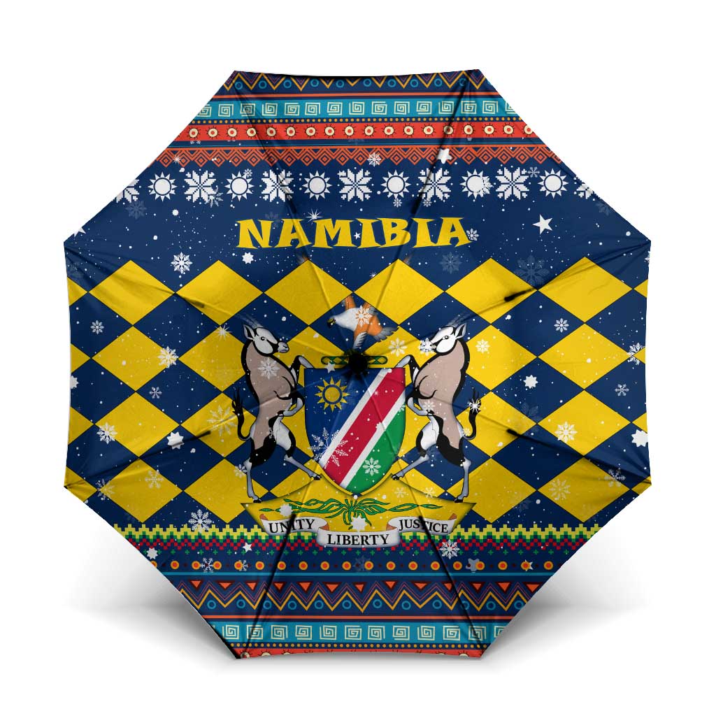 Namibia Christmas Umbrella with Blue-Yellow Diamond Pattern, Coat of Arms, and Flag Map Motif - Wonder Print Shop
