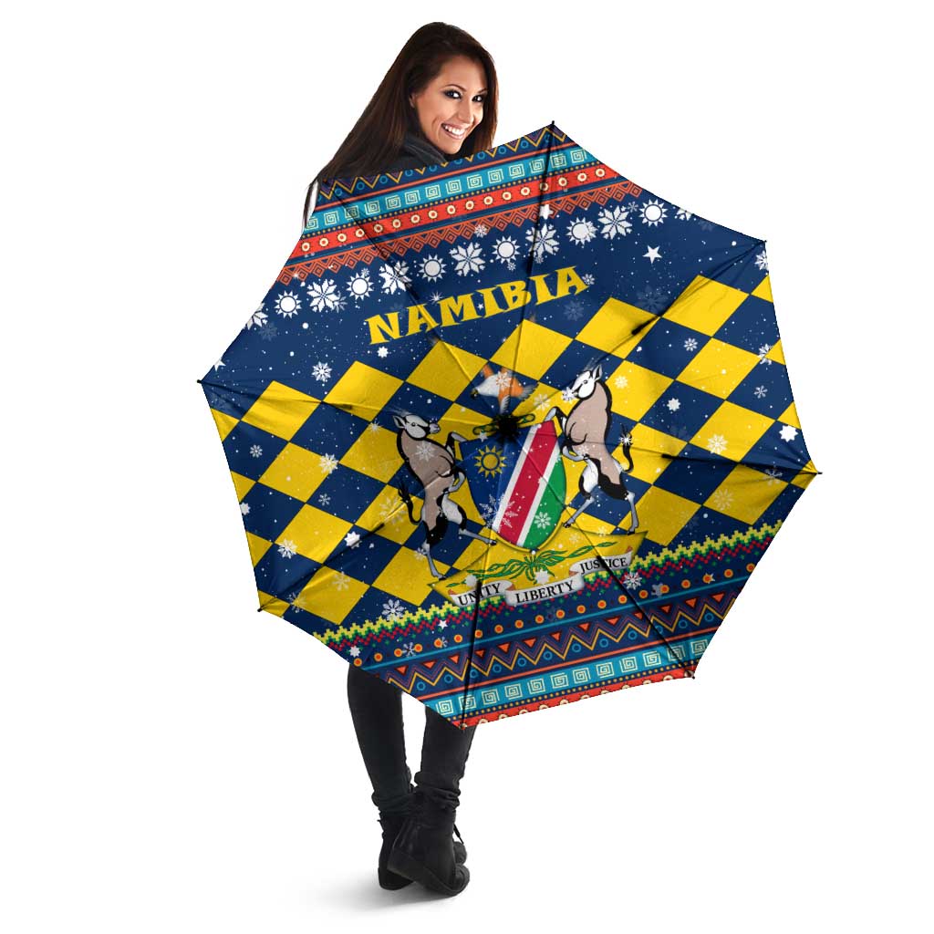 Namibia Christmas Umbrella with Blue-Yellow Diamond Pattern, Coat of Arms, and Flag Map Motif - Wonder Print Shop