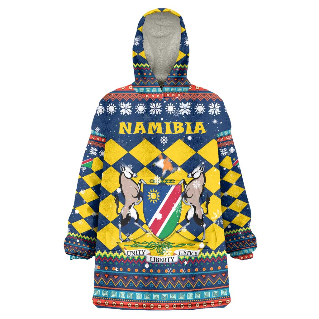 Namibia Christmas Wearable Blanket Hoodie with Blue-Yellow Diamond Pattern, Coat of Arms, and Flag Map Motif - Wonder Print Shop