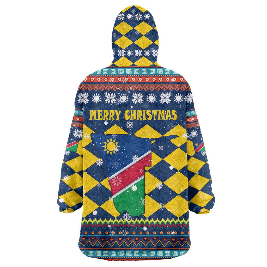 Namibia Christmas Wearable Blanket Hoodie with Blue-Yellow Diamond Pattern, Coat of Arms, and Flag Map Motif - Wonder Print Shop