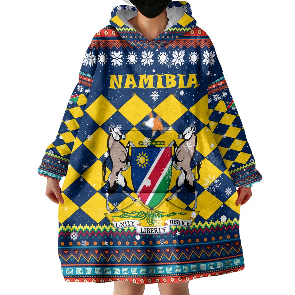 Namibia Christmas Wearable Blanket Hoodie with Blue-Yellow Diamond Pattern, Coat of Arms, and Flag Map Motif - Wonder Print Shop