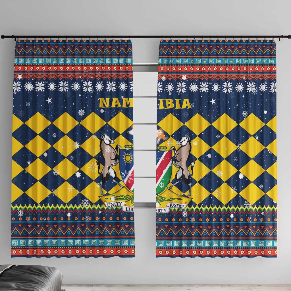 Namibia Christmas Window Curtain with Blue-Yellow Diamond Pattern, Coat of Arms, and Flag Map Motif - Wonder Print Shop
