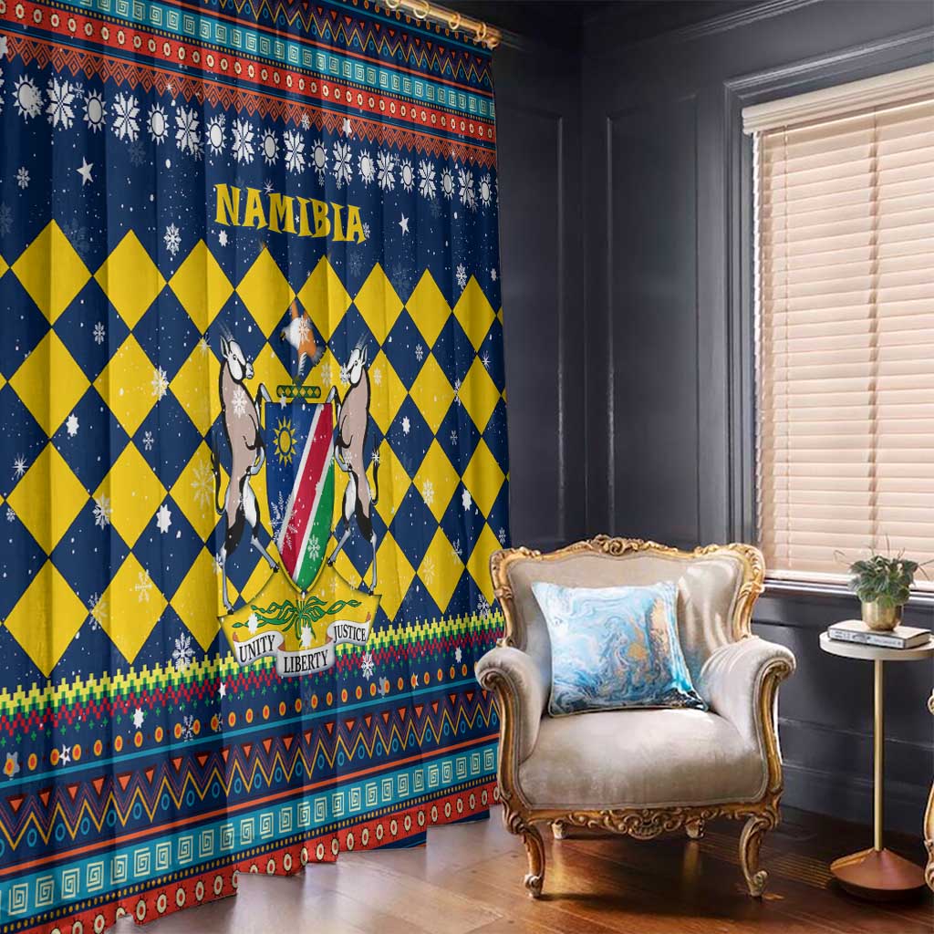Namibia Christmas Window Curtain with Blue-Yellow Diamond Pattern, Coat of Arms, and Flag Map Motif - Wonder Print Shop