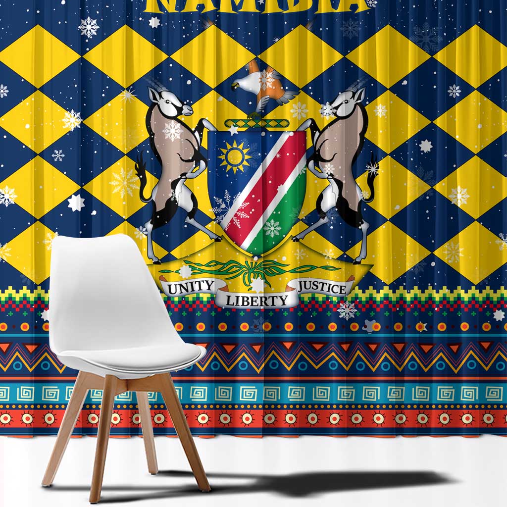 Namibia Christmas Window Curtain with Blue-Yellow Diamond Pattern, Coat of Arms, and Flag Map Motif - Wonder Print Shop