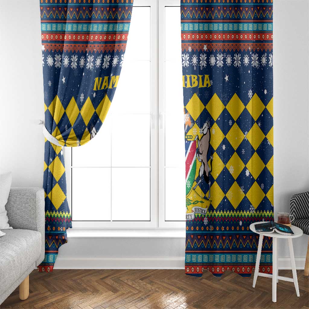 Namibia Christmas Window Curtain with Blue-Yellow Diamond Pattern, Coat of Arms, and Flag Map Motif - Wonder Print Shop