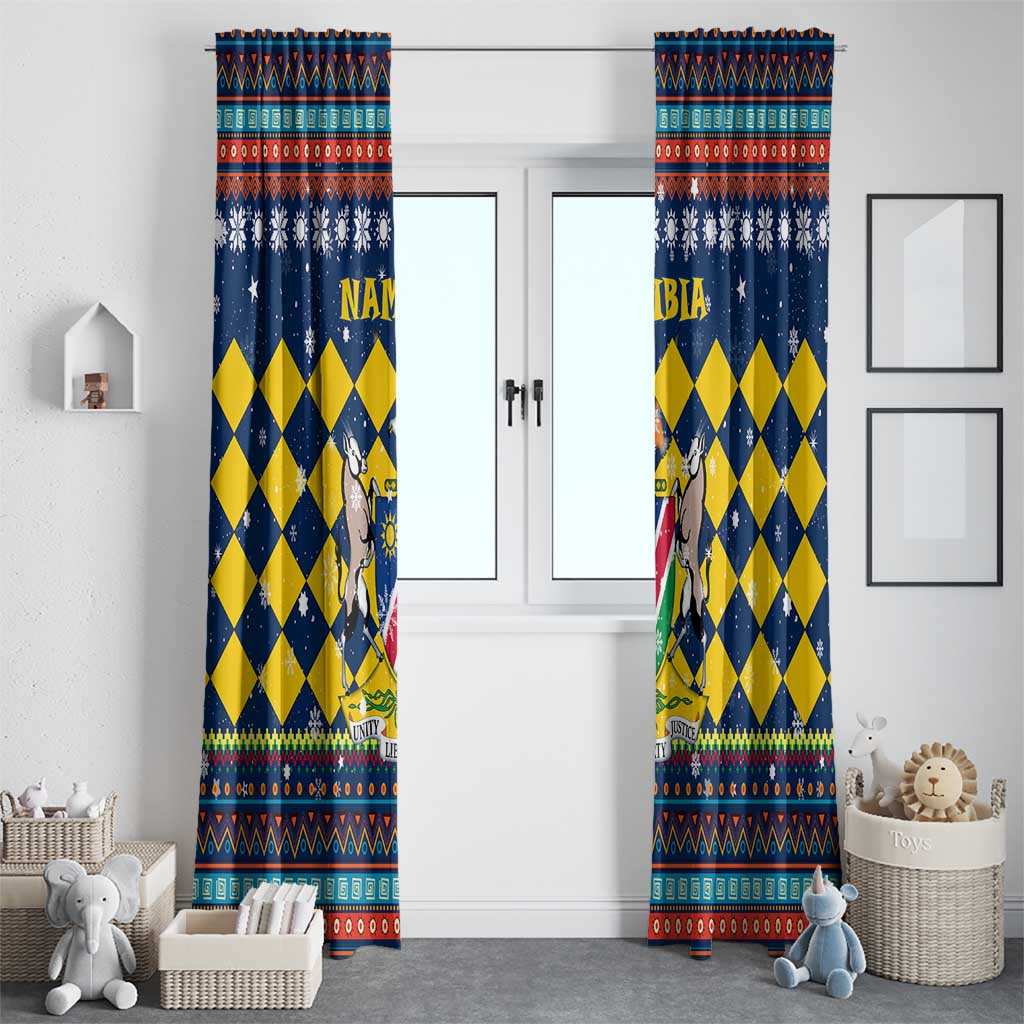 Namibia Christmas Window Curtain with Blue-Yellow Diamond Pattern, Coat of Arms, and Flag Map Motif - Wonder Print Shop