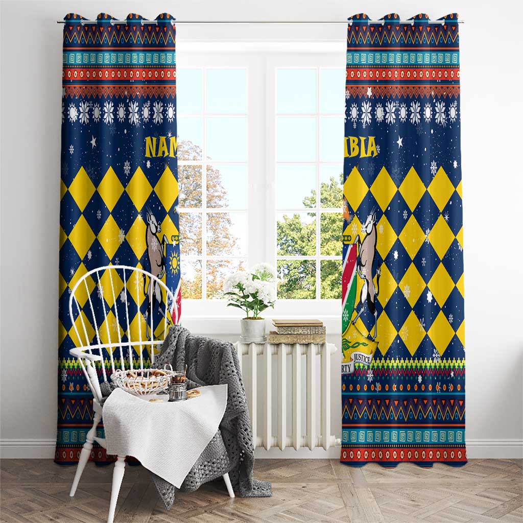 Namibia Christmas Window Curtain with Blue-Yellow Diamond Pattern, Coat of Arms, and Flag Map Motif - Wonder Print Shop