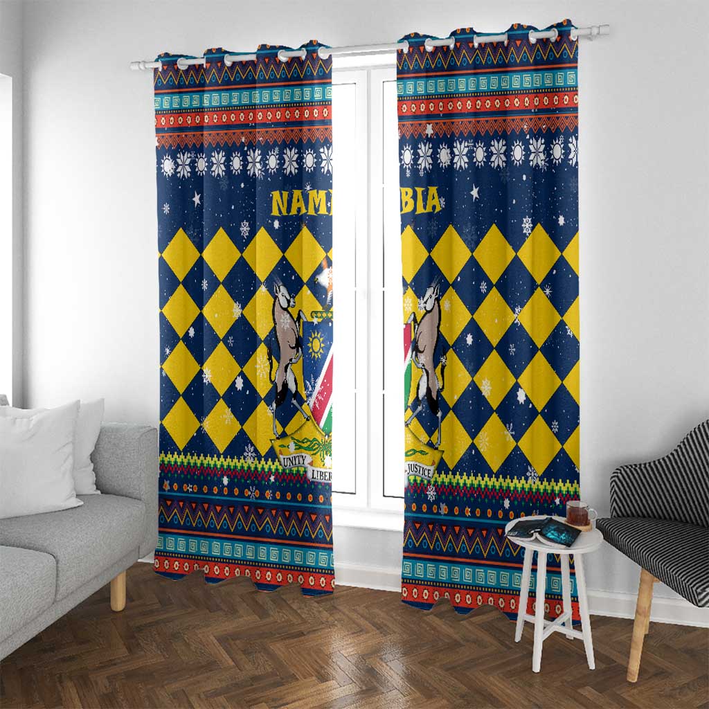 Namibia Christmas Window Curtain with Blue-Yellow Diamond Pattern, Coat of Arms, and Flag Map Motif - Wonder Print Shop