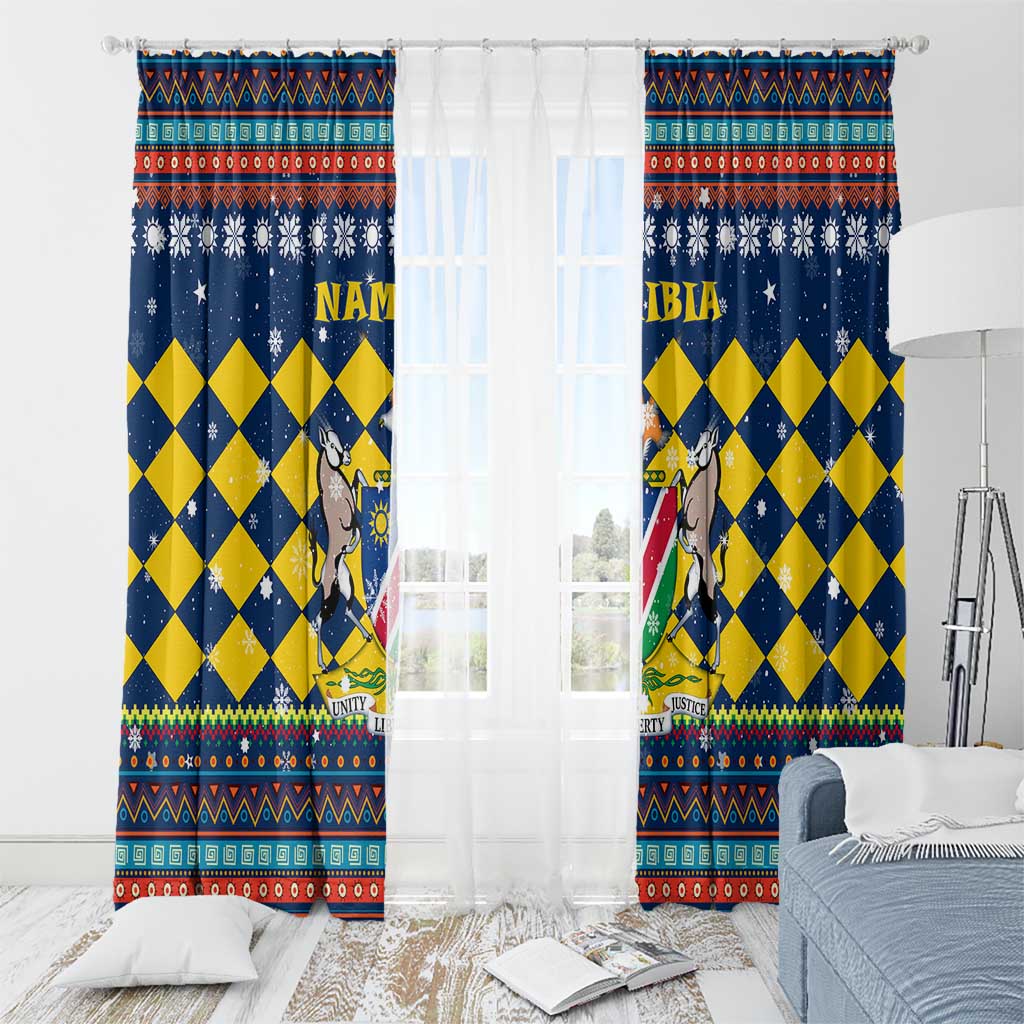 Namibia Christmas Window Curtain with Blue-Yellow Diamond Pattern, Coat of Arms, and Flag Map Motif - Wonder Print Shop