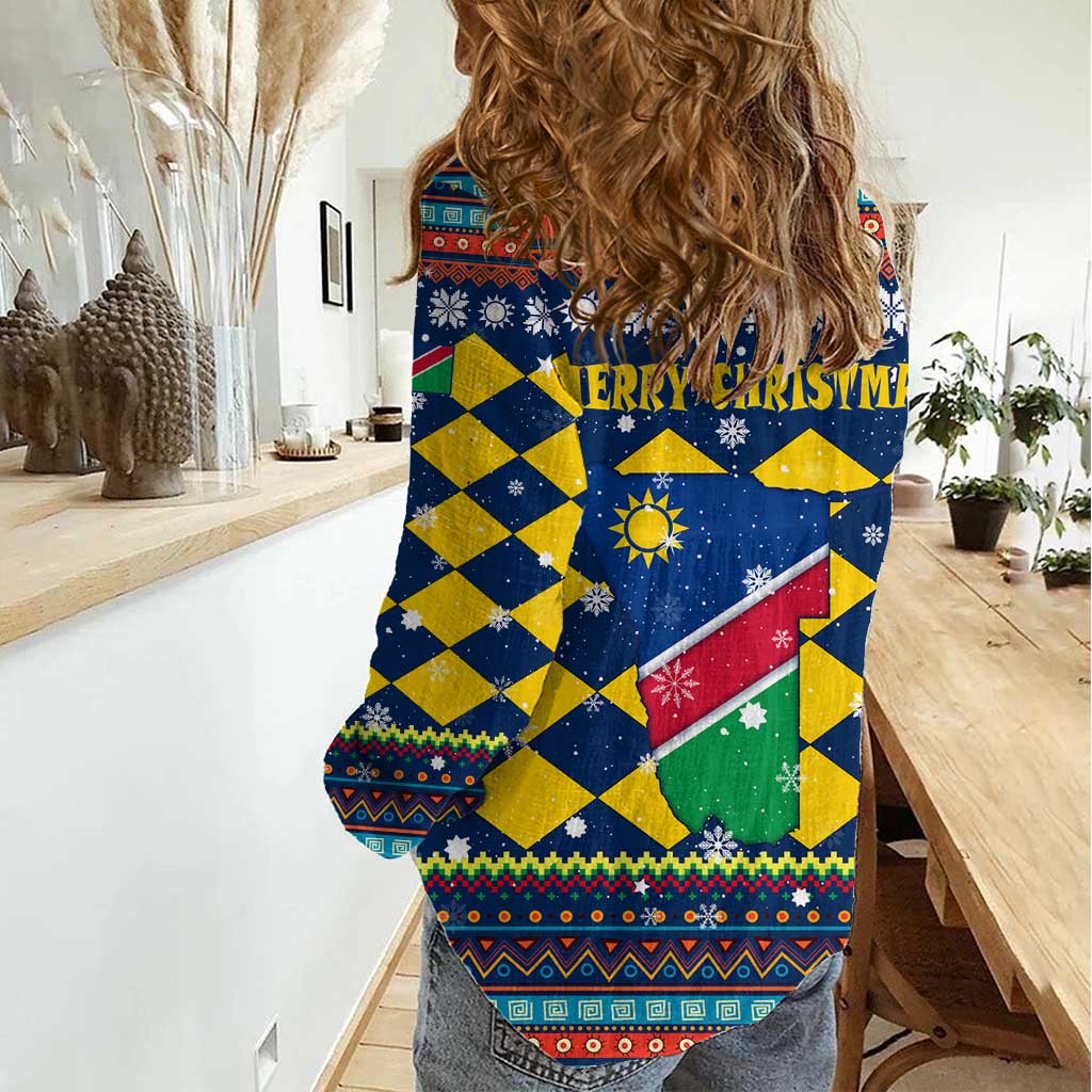 Namibia Christmas Women Casual Shirt with Blue-Yellow Diamond Pattern, Coat of Arms, and Flag Map Motif - Wonder Print Shop