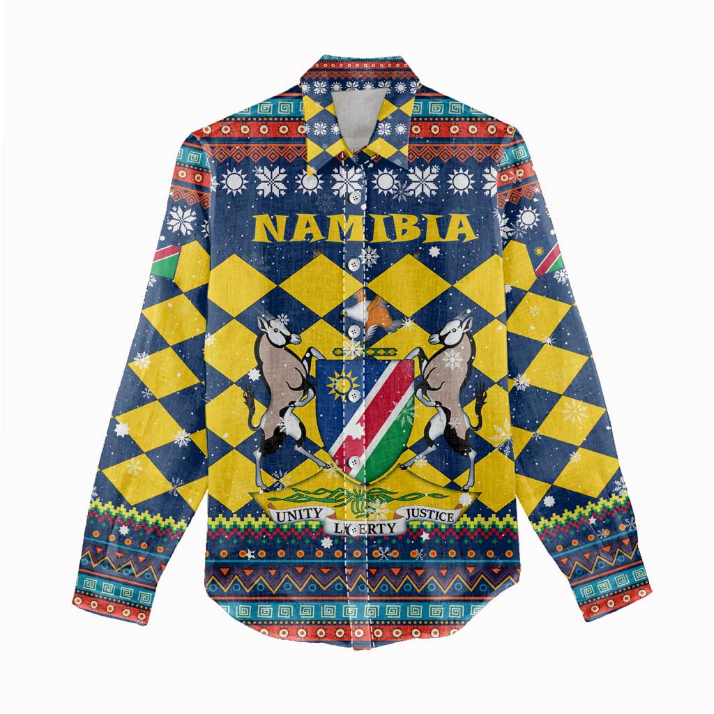 Namibia Christmas Women Casual Shirt with Blue-Yellow Diamond Pattern, Coat of Arms, and Flag Map Motif - Wonder Print Shop