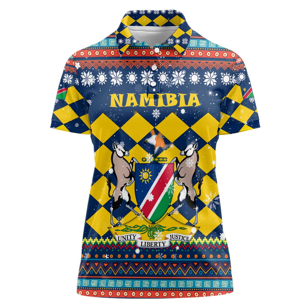 Namibia Christmas Women Polo Shirt with Blue-Yellow Diamond Pattern, Coat of Arms, and Flag Map Motif - Wonder Print Shop