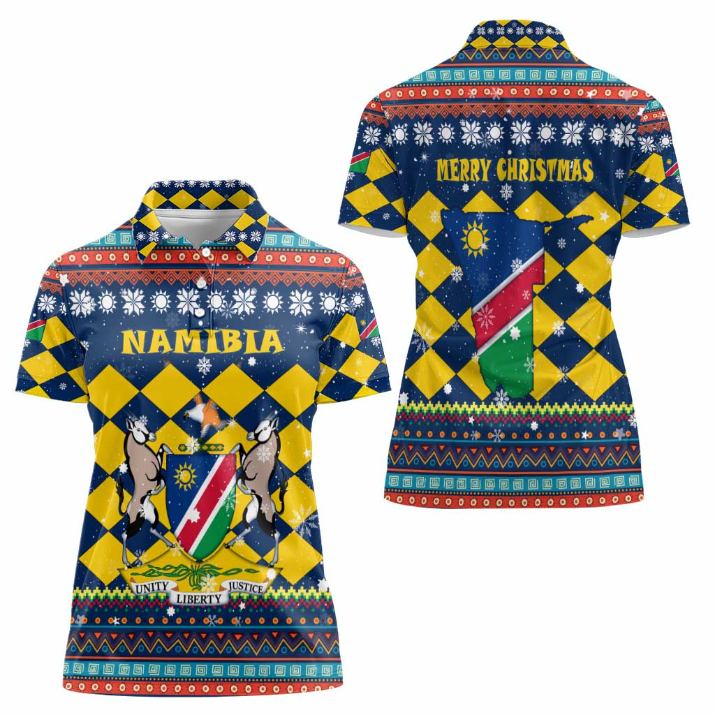 Namibia Christmas Women Polo Shirt with Blue-Yellow Diamond Pattern, Coat of Arms, and Flag Map Motif - Wonder Print Shop