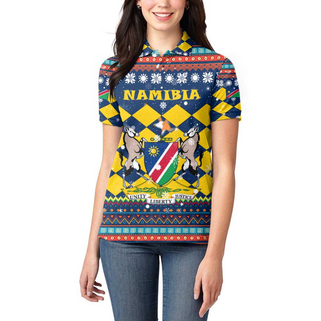 Namibia Christmas Women Polo Shirt with Blue-Yellow Diamond Pattern, Coat of Arms, and Flag Map Motif - Wonder Print Shop