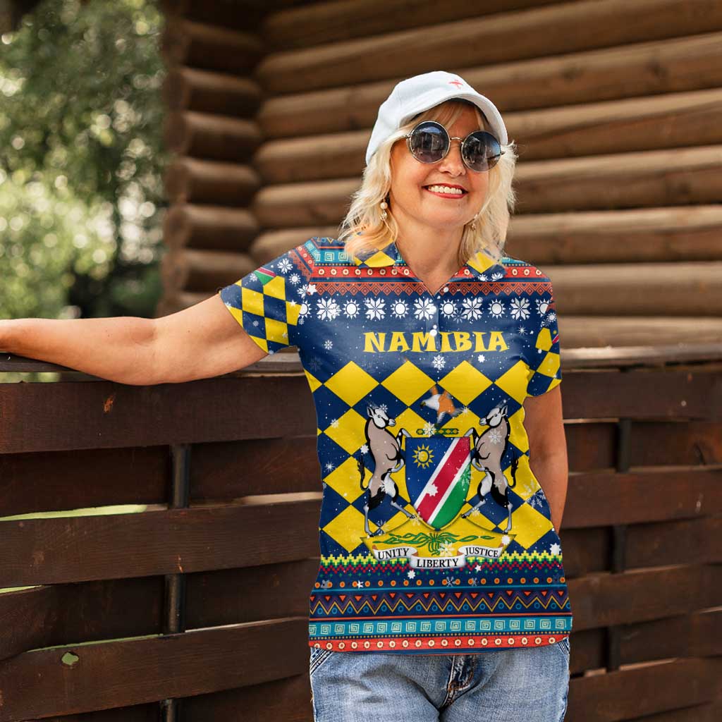 Namibia Christmas Women Polo Shirt with Blue-Yellow Diamond Pattern, Coat of Arms, and Flag Map Motif - Wonder Print Shop