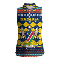 Namibia Christmas Women Sleeveless Polo Shirt with Blue-Yellow Diamond Pattern, Coat of Arms, and Flag Map Motif - Wonder Print Shop
