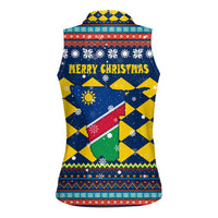 Namibia Christmas Women Sleeveless Polo Shirt with Blue-Yellow Diamond Pattern, Coat of Arms, and Flag Map Motif - Wonder Print Shop
