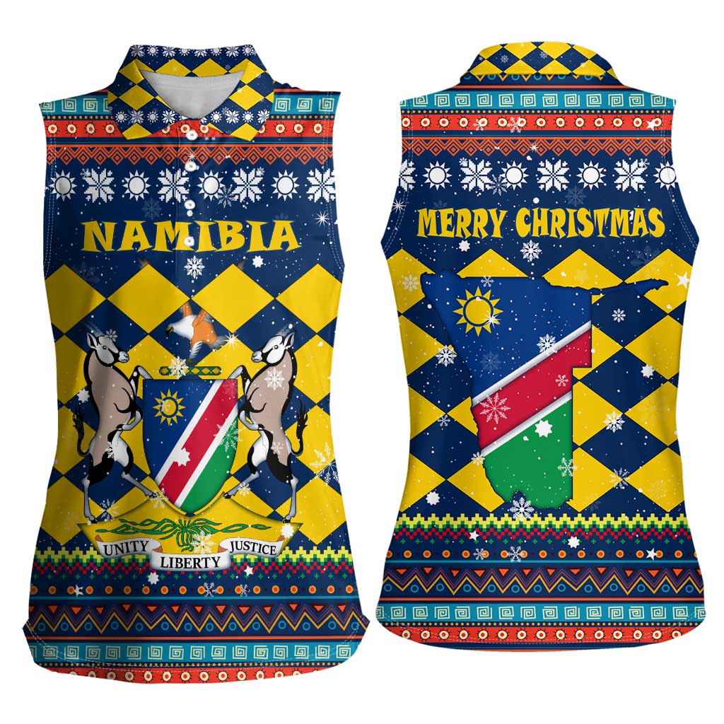 Namibia Christmas Women Sleeveless Polo Shirt with Blue-Yellow Diamond Pattern, Coat of Arms, and Flag Map Motif - Wonder Print Shop