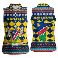 Namibia Christmas Women Sleeveless Polo Shirt with Blue-Yellow Diamond Pattern, Coat of Arms, and Flag Map Motif - Wonder Print Shop