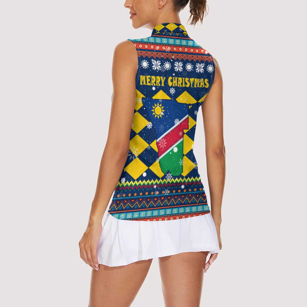 Namibia Christmas Women Sleeveless Polo Shirt with Blue-Yellow Diamond Pattern, Coat of Arms, and Flag Map Motif - Wonder Print Shop